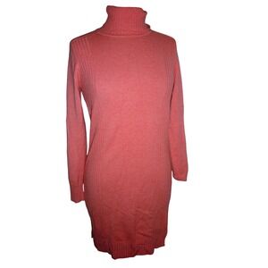 Musetti Italy Cashmere Blend Tonal Ribbed Turtleneck Sweater Dress Coral Small